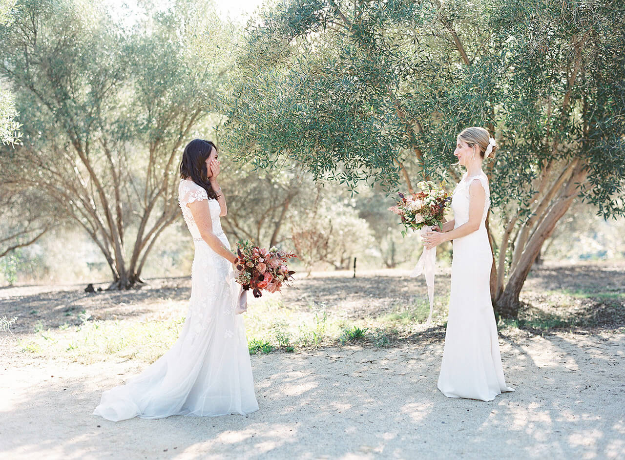 Same sex wedding Rancho Valencia brides first look