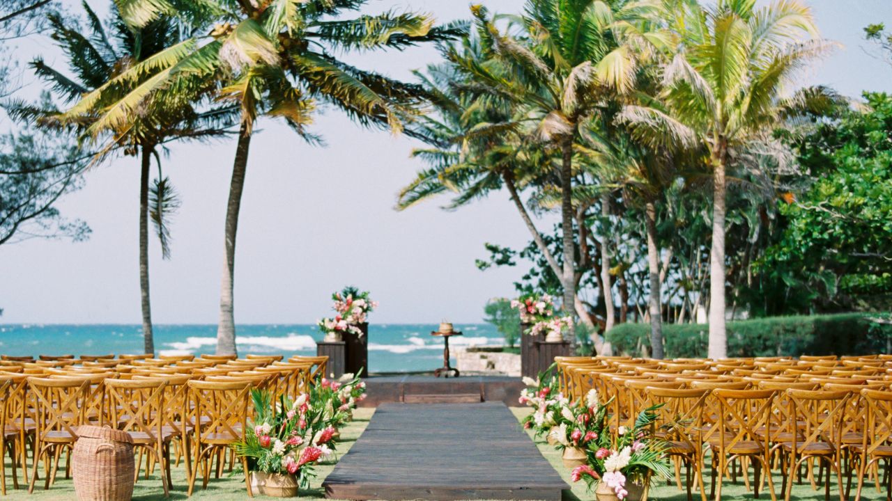 photo of tropical beach ceremony looking out at the ocean
