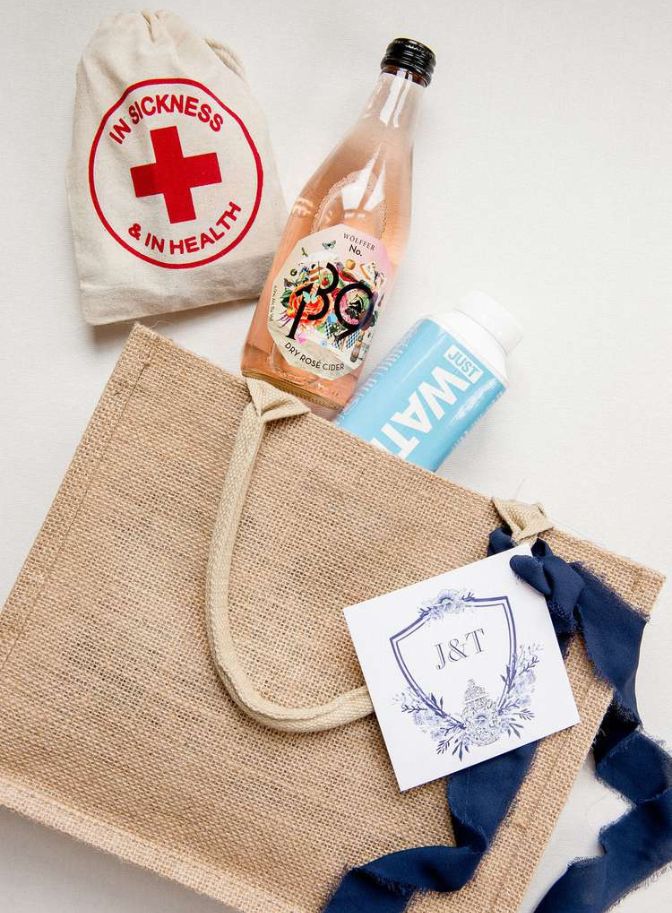 image of a burlap wedding welcome bag spilling over with water, headache meds, and a beverage