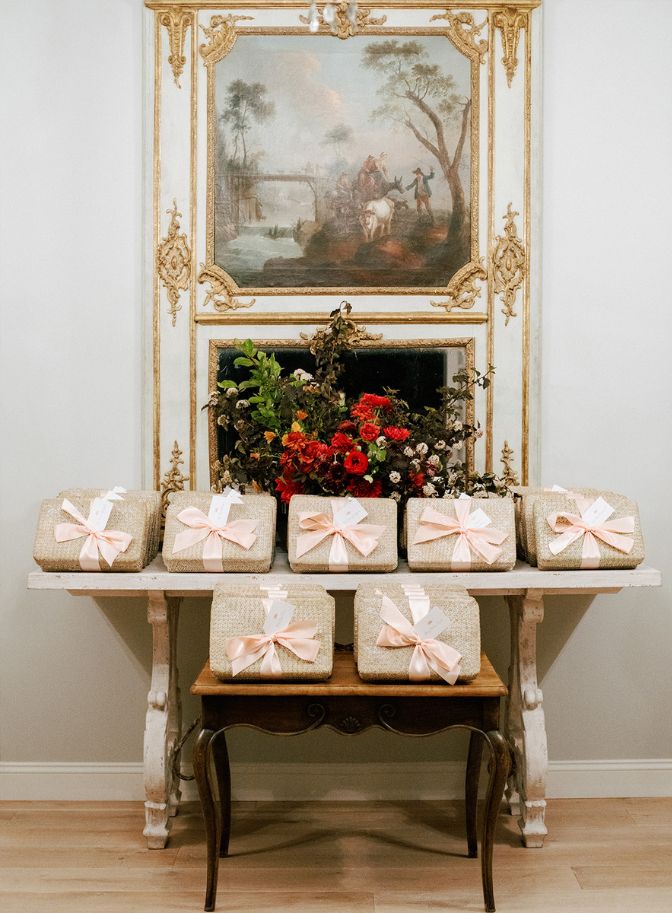 photo of wedding welcome boxes wrapped in ribbon and burlap