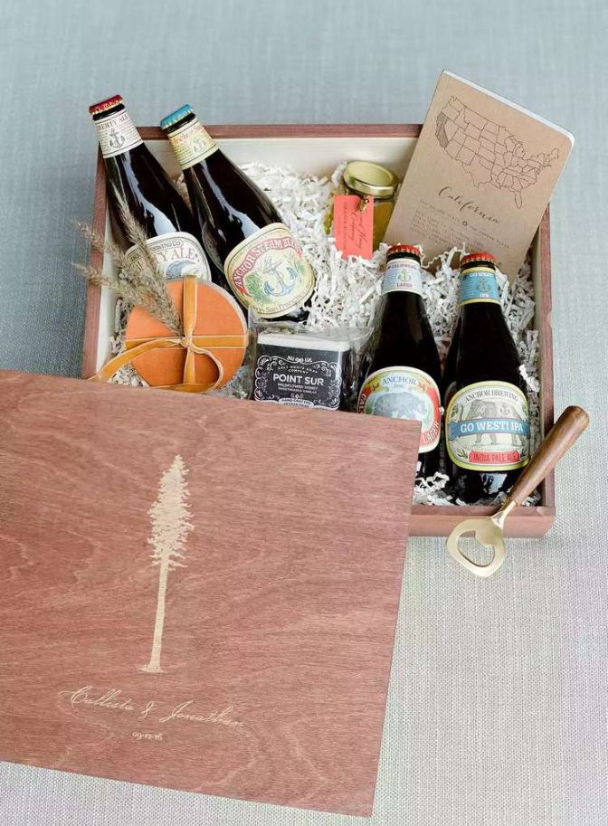 image of a California wedding welcome box filled with local products like ale and a bottle opener