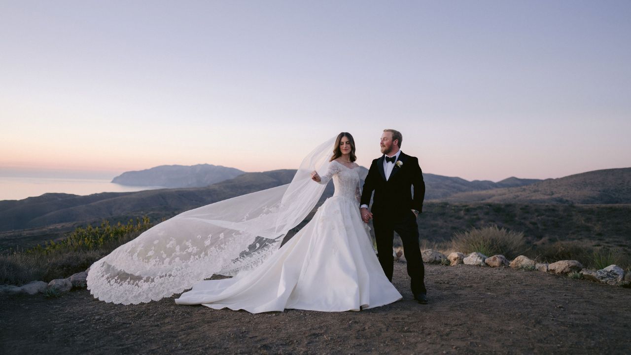 photo of bride and groom outside at their Catalina wedding