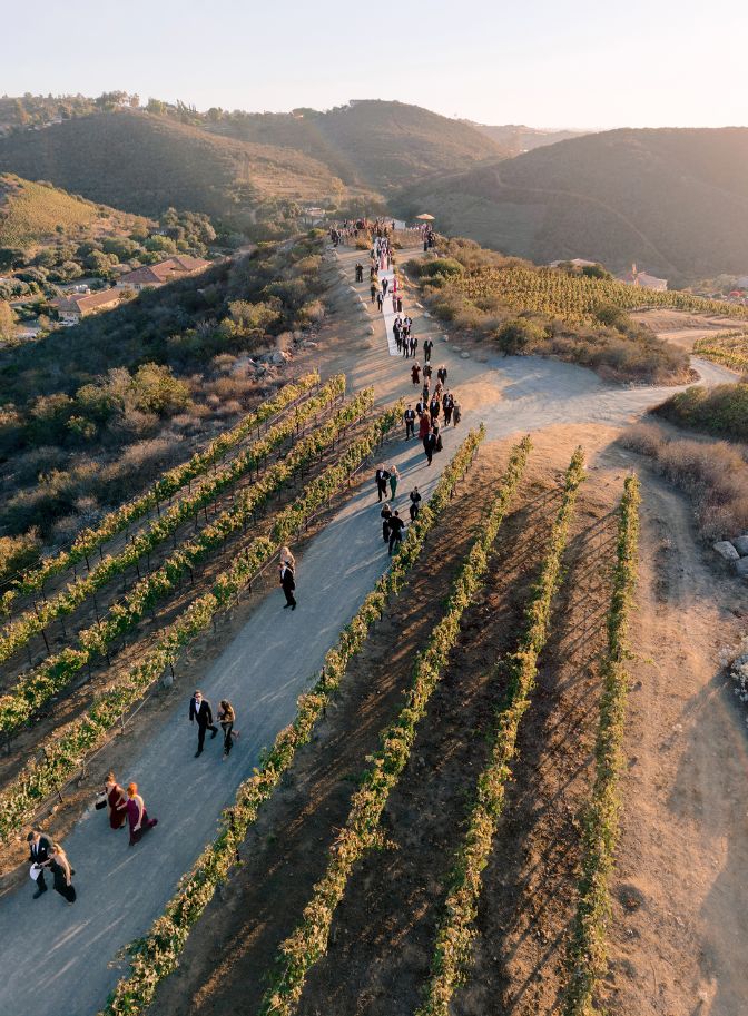 photo of wedding guests walking along road to get to reception